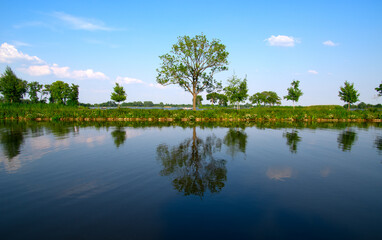 Landscape of a lake and blue sky reflected.