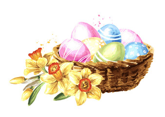 Easter colored eggs and spring flowers. Hand drawn watercolor illustration isolated on white background 