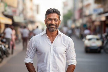 Portrait of a satisfied indian man in his 40s donning a classy polo shirt against a bustling city street background. AI Generation