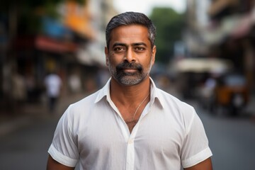 Portrait of a satisfied indian man in his 40s donning a classy polo shirt against a bustling city street background. AI Generation
