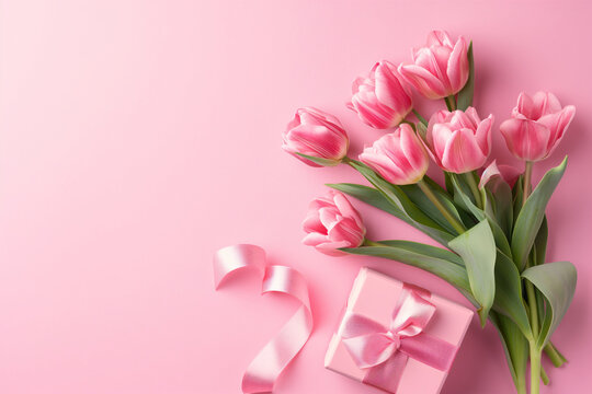 Bouquet of pink tulips on a pink background with a gift box. Design template for gift card for Valentine's Day, Mother's Day, Women's Day with place for text, copyspace