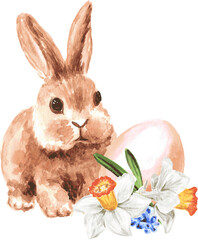 Colored Easter eggs, spring flowers and little rabbit, Hand drawn watercolor illustration isolated on white background
