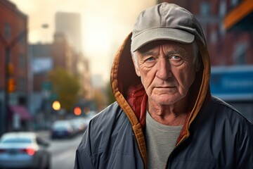 Portrait of a merry man in his 70s wearing a zip-up fleece hoodie against a bustling city street background. AI Generation - obrazy, fototapety, plakaty