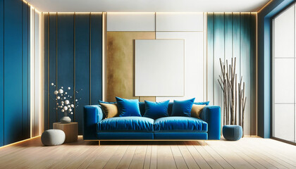 Blue velvet pastel sofa in room with walls with wooden decor. Scandinavian home interior design of modern living room. with gold decor. Stylish apartment. Generative AI	
