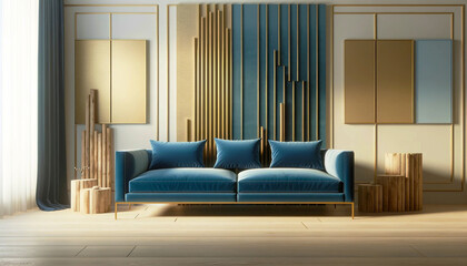 Fototapeta na wymiar Blue velvet pastel sofa in room with walls with wooden decor. Scandinavian home interior design of modern living room. with gold decor. Stylish apartment. Generative AI 