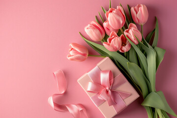 Bouquet of pink tulips on a pink background with a gift box. Design template for gift card for Valentine's Day, Mother's Day, Women's Day with place for text, copyspace