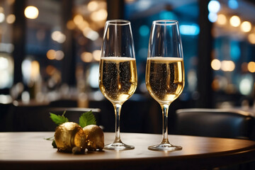 glasses of champagne or white wine on the background of the restaurant
