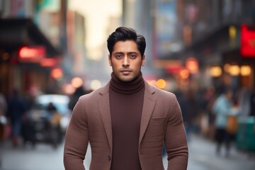 Fototapeta premium Portrait of a content indian man in his 20s wearing a classic turtleneck sweater against a bustling city street background. AI Generation