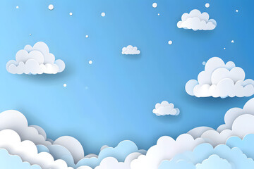 Blue sky with white clouds in paper cut style background.