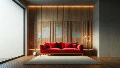 Modern Minimalist Living Room Interior with Elegant velvet red Sofa and Decorative Vases with wooden bamboo panel wall. Japandi interior. Generative AI