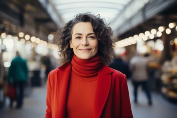 Portrait of a blissful woman in her 50s wearing a classic turtleneck sweater against a busy...