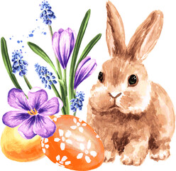 Colored Easter eggs, spring flowers and little rabbit, Hand drawn watercolor illustration isolated on white background