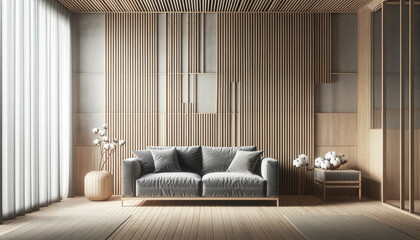 Interior of a chic urban apartment living loom with vertical wooden slats, plush gray sofa. Vase with cotton decor. Japandi design. Generative AI