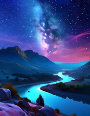 hills mountains river nature in aura sky night 