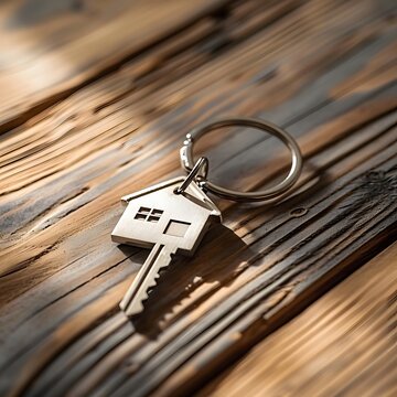 key on wooden background, a house keychain with a house shaped key on it sitting on a wooden table with a keychain