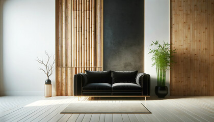 Fototapeta na wymiar Modern Minimalist Living Room Interior with Elegant velvet Black Sofa and Decorative Vases with bamboo plant and with wooden bamboo panel wall. Japandi interior. Generative AI