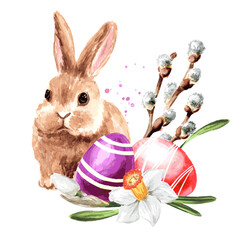 Colored Easter eggs, spring flowers and little rabbit, Hand drawn watercolor illustration isolated on white background