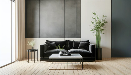 Modern Minimalist Living Room Interior with Elegant velvet Black Sofa and Decorative Vases with bamboo plant and with wooden bamboo panel wall.  Japandi interior. Generative AI