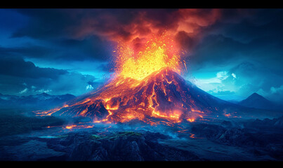 Volcano eruption with lava flow in dark