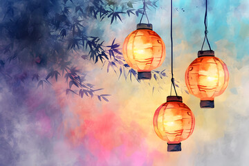 Japanese lanterns in watercolor background. - obrazy, fototapety, plakaty