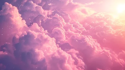 Foto op Aluminium Close up view of beautiful colorful clouds, sky background, cartoon style. Fluffy  clouds. Sunset, sundown background © nataliia_ptashka