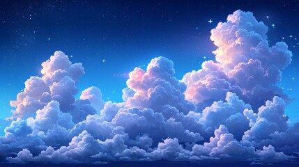 Close up view of beautiful colorful clouds, sky background, cartoon style. Fluffy  clouds. Sunset, sundown background