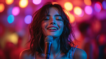 Happy woman singing with a microphone.