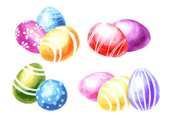 Easter colored eggs set. Hand drawn watercolor illustration isolated on white background 