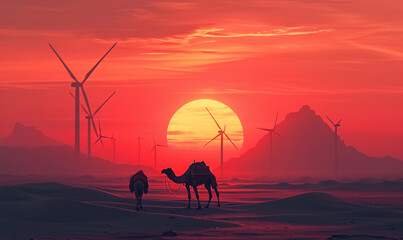 Wind turbine farm in desert . beautiful landscape of wide energy and camels in sunset.