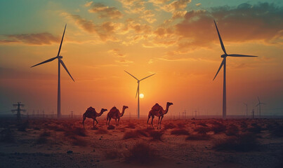 Wind turbine farm in desert . beautiful landscape of wide energy and camels in sunset. - obrazy, fototapety, plakaty
