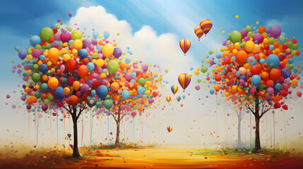colorful free living illustration, with colorful balloons flying in the sky - obrazy, fototapety, plakaty