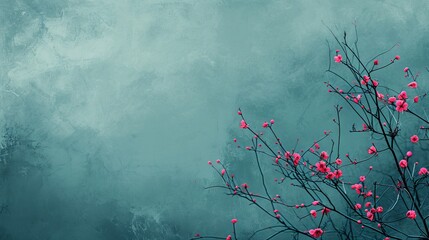 Pink buds contrast a blue sky in a digital painting style, featuring dark turquoise and light gray hues. Oriental-inspired and meticulously designed, offering free space - obrazy, fototapety, plakaty