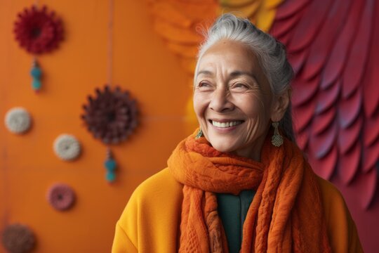 Portrait of a satisfied indian woman in her 70s dressed in a warm wool sweater against a vibrant yoga studio background. AI Generation