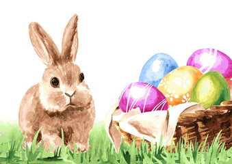 Colored Easter eggs, spring flowers and little rabbit, Hand drawn watercolor illustration isolated on white background