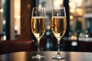 glasses of champagne or white wine on the background of the restaurant - obrazy, fototapety, plakaty