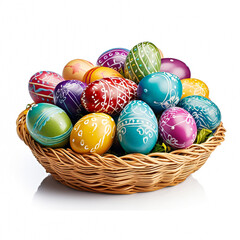 Colorful painted Easter eggs in a basket isolated in front of white background