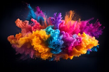Colorful painted splash. Powder explosion. Abstract colorful dust on dark background.