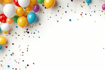 Colorful balloons and confetti on a white backdrop