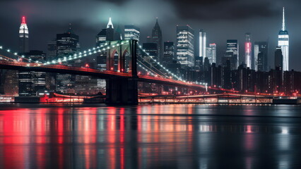 Bridge illuminated at night with city lights reflecting on water