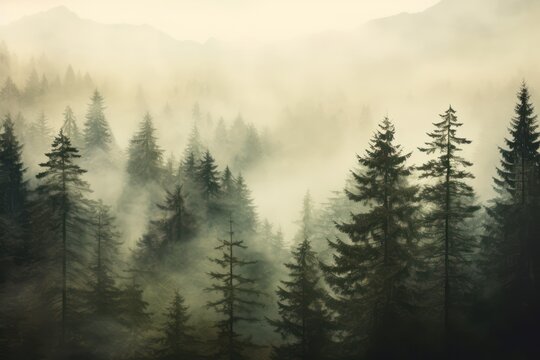 Foggy forest with dark trees and mountains. Vintage background.