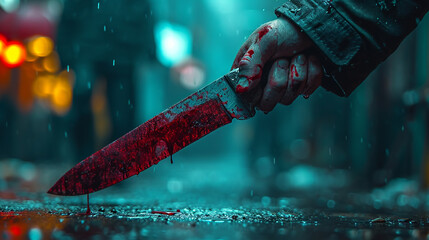 Murderer with a bloody knife. - obrazy, fototapety, plakaty