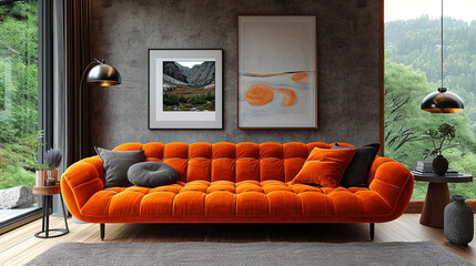 Modern orange sofa in living room.