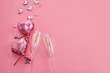 Valentines Day background. Shape heart, balloons and wine glasses