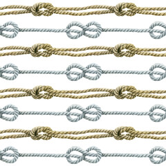 Seamless pattern of rope cords with knots eight knots. Hand drawn illustration. Nautical thread whipcord with loop and noose. Hand painted watercolor on white background. Print, wrapping, crafting.