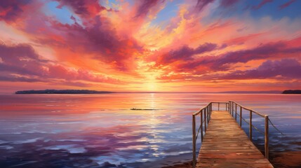 Fototapeta na wymiar Serene sailboat on calm waters under a vibrant sunset sky. Oil painting style.