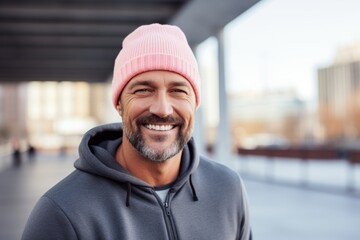 Portrait of a happy man in his 40s sporting a trendy beanie against a pastel or soft colors...