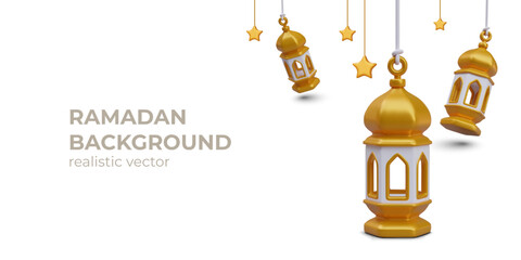 Festive vector background for Ramadan greetings. Golden Arabic lanterns sway in wind