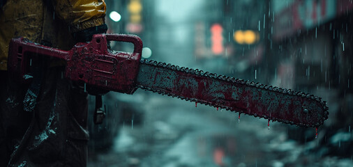 Murderer holding chainsaw. - obrazy, fototapety, plakaty