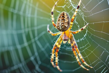 Macro photograph of a spider in the center of its web, with a focus on the web's intricate design.