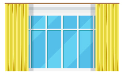 Window pane with yellow curtains hanging. Cartoon interior element